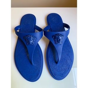 Versace Blue Medusa Palazzo Thong Sandals Size 8!